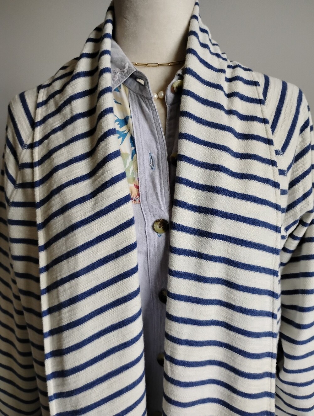 L.L. Bean Cotton Cardigan Duster Kimono Cream Blue Stripe Coastal Size Medium